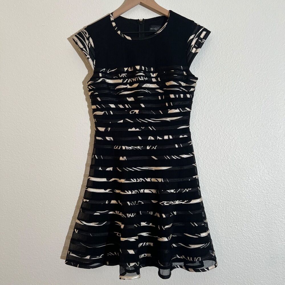 BETSY & ADAM Black-Ivory Satin Trim Party Cocktail Dress Sz 8 $219 Retail